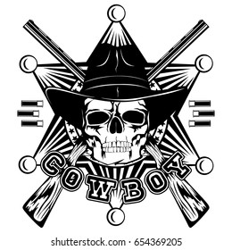 Vector illustration skull in cowboy hat and crossed rifles on sheriff star. Lettering cowboy.
