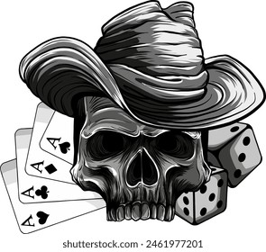 vector illustration of Skull cowboy with poker card and dice