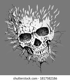 Vector illustration of skull with cracks, fragments and texture.