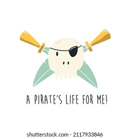 Ilustración vectorial de un cráneo y espadas cruzadas, símbolos de piratas.