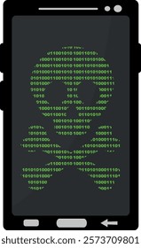 vector illustration skull with crossbones designed with binary numbers, in concept of hacked mobile phone device