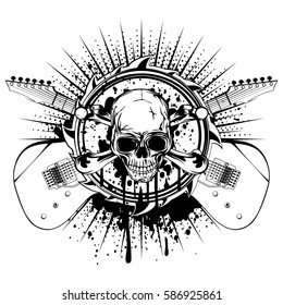 Vector illustration skull with crossed bones and guitars on grunge background. Hard rock design for t-shirt or poster print