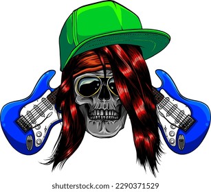 vector illustration of Skull and Crossed Guitar on white Background
