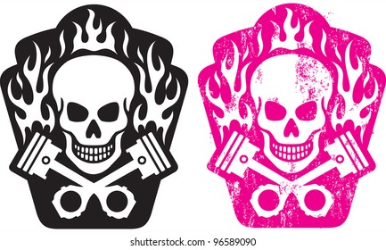 Vector illustration of skull and crossed pistons with flames. Includes clean and grunge versions. Easy to edit colors and shapes. svg