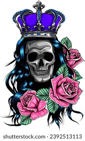 vector illustration of skull with crow on white background.