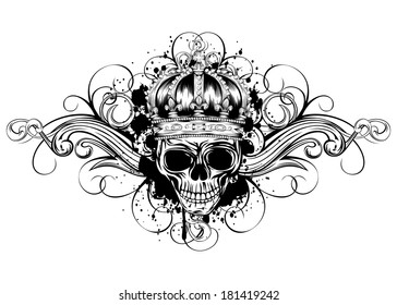 Vector illustration skull with crown on background of ornament