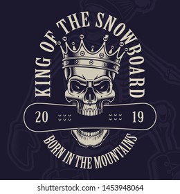 Vector illustration of a skull in crown with a snowboard on the dark background. 