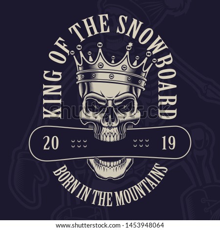 Vector illustration of a skull in crown with a snowboard on the dark background. 
