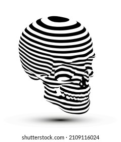 Vector illustration of skull cut in black and white horizontal stripes isolated on white background.
