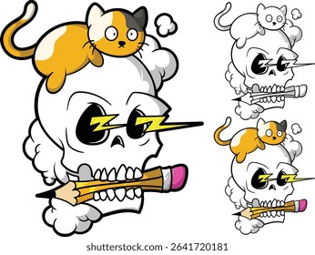 Vector illustration of a skull with a cute cat and pencil. Ready-to-edit file for design, sticker or merchandise needs, eps 10, editable.