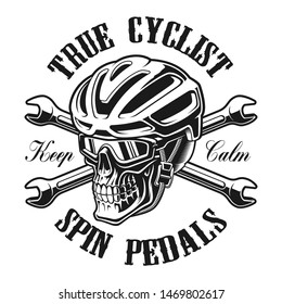 Vector illustration of a skull in cyclist helmet with crossed wrenches, perfect for shirt designs.