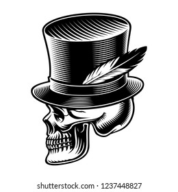 Vector illustration of a skull in cylindrical hat in tattoo style. Isolated on the white background.