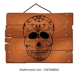 Vector illustration of Skull the Day of the Death on wooden plank background. Dia de los Muertos - Day Of The Dead Mexico. Hand drawn.