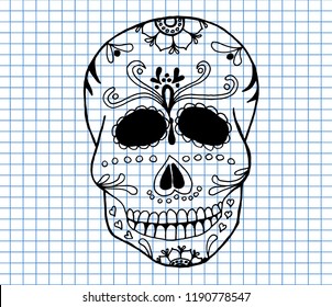Vector illustration of Skull the Day of the Death on copybook background. Dia de los Muertos - Day Of The Dead Mexico. Hand drawn.