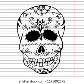 Vector illustration of Skull the Day of the Death on copybook background. Dia de los Muertos - Day Of The Dead Mexico. Hand drawn.