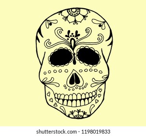 Vector illustration of Skull the Day of the Death on creme background. Dia de los Muertos - Day Of The Dead Mexico. Hand drawn.