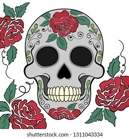 Vector illustration of Skull the Day of the Death. Rose. Day of The Dead colorful sugar skull with floral ornament and flower seamless pattern. Vector illustration.