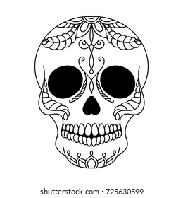 Vector illustration of Skull the Day of the Death. Black and White. Dia de los Muertos