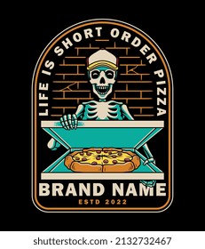 el cráneo de ilustración vectorial ofrece pizza para el cliente. Para camisetas, pegatinas y otros productos similares.