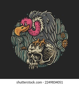 vector illustration skull with desert bird perched on it against cactus background with circle shape for t shirt design