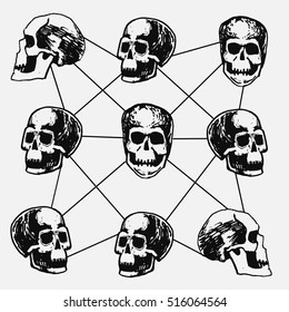 vector illustration of the skull from different angles, sketch, ink drawing, connected by lines, union, community, communication, suitable for print on a T-shirt or a poster, or textiles, monochrome.
