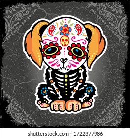Imagen vectorial de perro cráneo al estilo folclórico.