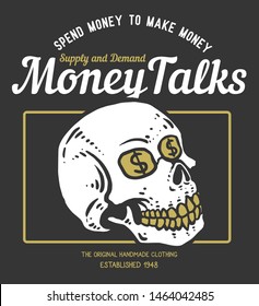 Vector illustration of skull with dollar symbol on his eyes and gold teeth.