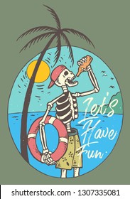 Vector illustration of skull drinking beer on the tropical beach with palm, clear sky and sunrise background