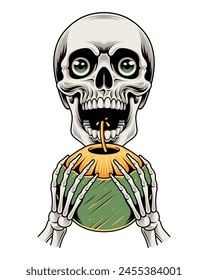 Vector illustration skull drinking fresh coconut