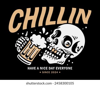 vector illustration skull drinking a glass of beer