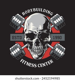 Vector Illustration of Skull and Dumbbells with Vintage Illustration Available for Tshirt Design