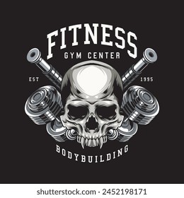 Vector Illustration of Skull and Dumbbells with Vintage Illustration Available for Tshirt Design