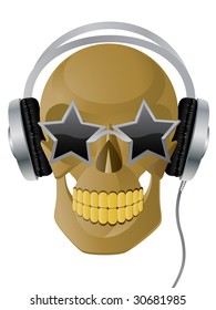Vector illustration of skull with earphones and glasses.