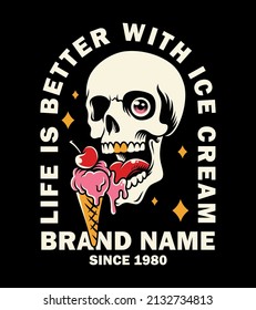 vector illustration skull eating melted ping ice cream with cherries on top . For t-shirts, stickers and other similar products.