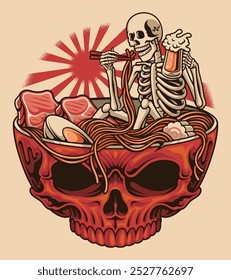 Vector illustration of a skull eating ramen noodles