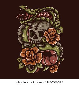 vector illustration skull entangled by a snake with brown background vintage illustration