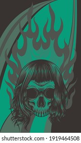 vector illustration of skull falling with fire flame