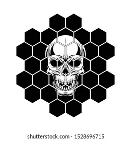 Vector illustration of a skull with fangs in a hexagonal mosaic. Head of the monster. Dead pirate. Laughing loudly skeleton. Illustrations for t shirt print. Black tattoo.