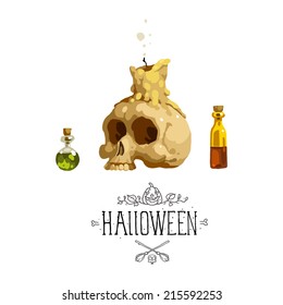 Vector illustration of skull and flasks. Halloween.