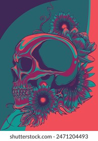 Ilustración vectorial de calavera con adorno floral sobre fondo blanco