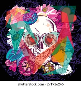 Vector Illustration of Skull and Flowers, Day of The Dead. Fashion t-shirt point. Summer bright background.