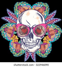 Vector Illustration of Skull and Flowers, Day of The Dead. Fashion t-shirt point. Summer bright background.