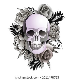 Vector illustration of skull with flowers isolated on white background. Peonies and roses with a skull.