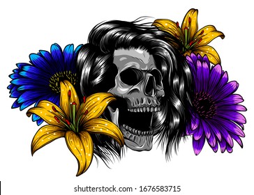 Vector illustration of skull with flowers isolated on white background.