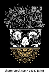 Vector illustration of skull, flowers and mandala