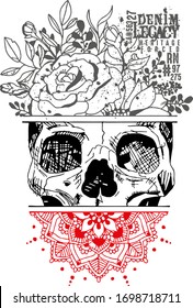Vector illustration of skull, flowers and mandala