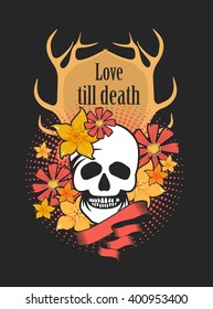 vector illustration skull in flowers on a black background great love until death