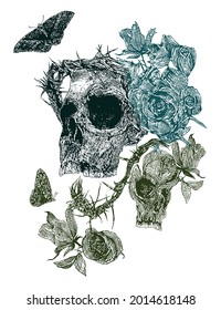 Vector illustration of skull with flowers and thorns, art in scribbled, stripped strokes. Design for posters, tattoos, prints, etc...