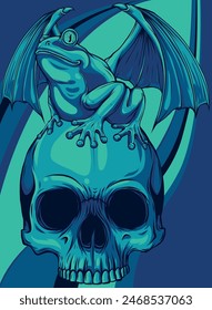 vector illustration skull with frog on white background. digital hand draw
