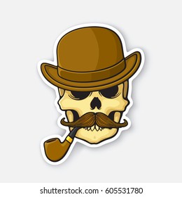 Vector illustration. Skull of a gentleman with a mustache and smoking pipe in bowler hat. Sticker in cartoon style with contour. For greeting cards, patches, prints for clothes, badges, emblems